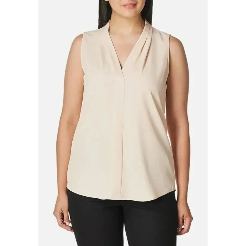 Calvin Klein Blush Cream Pleated V-Neck Sleeveless Blouse M